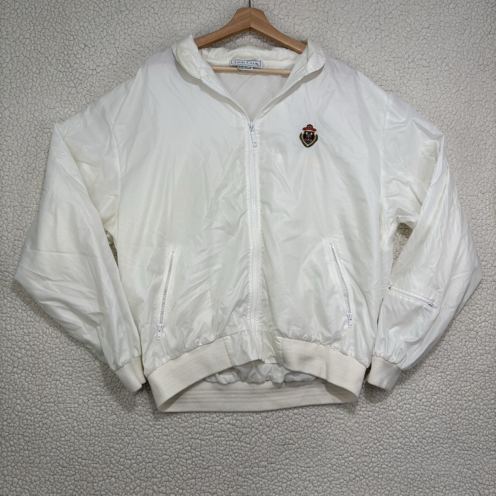 Izod Club Windbreaker Mens XL White Vintage Hooded Full Zip Nylon Sporty Jacket
